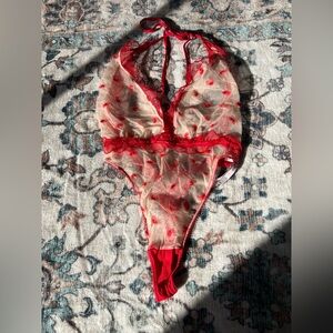 Victoria's Secret Red and Cream Lace Bodysuit